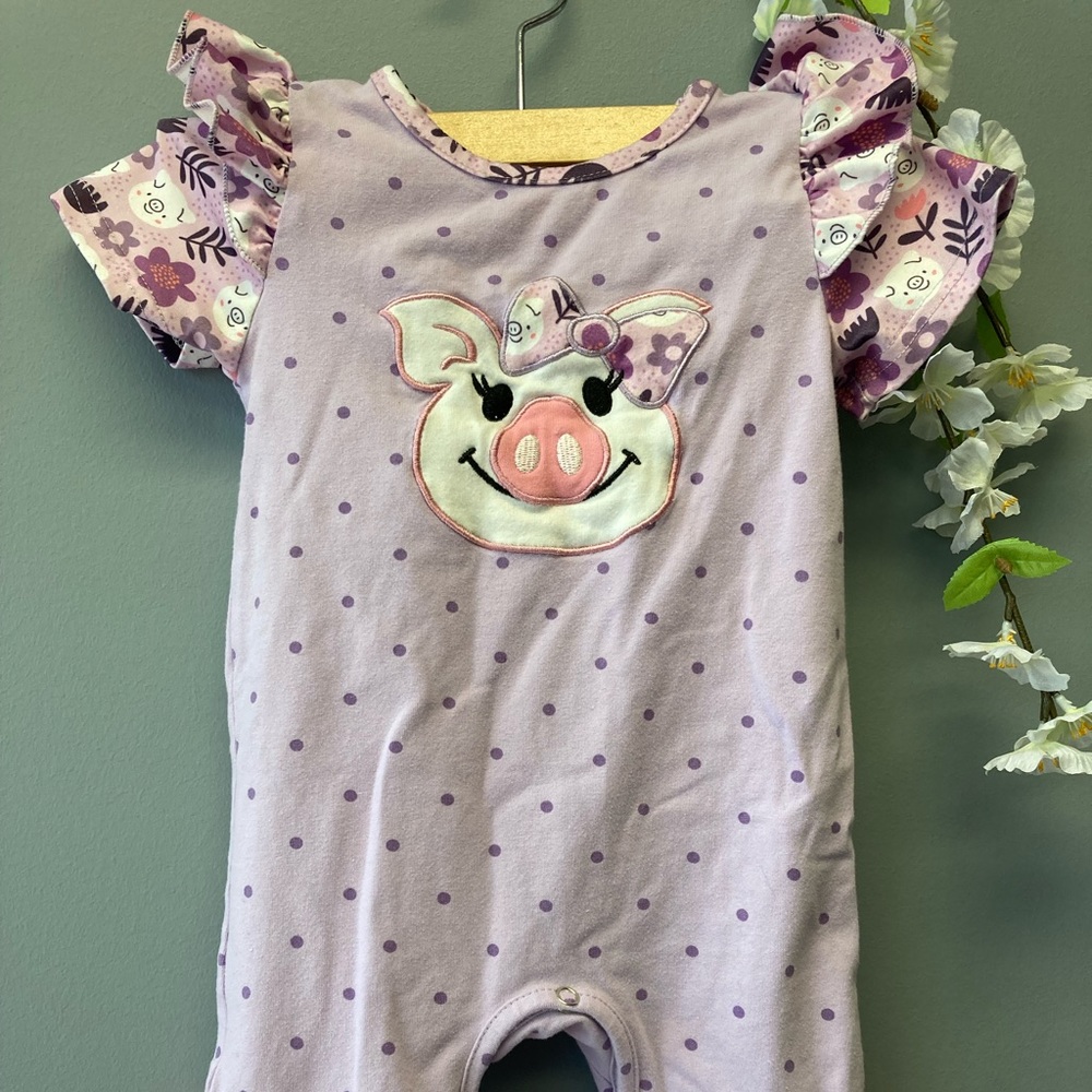 Marie Nicole Romper Baby Girl Ruffle & Bows Pig Lavender Outfit  Size 6-12M [c]
